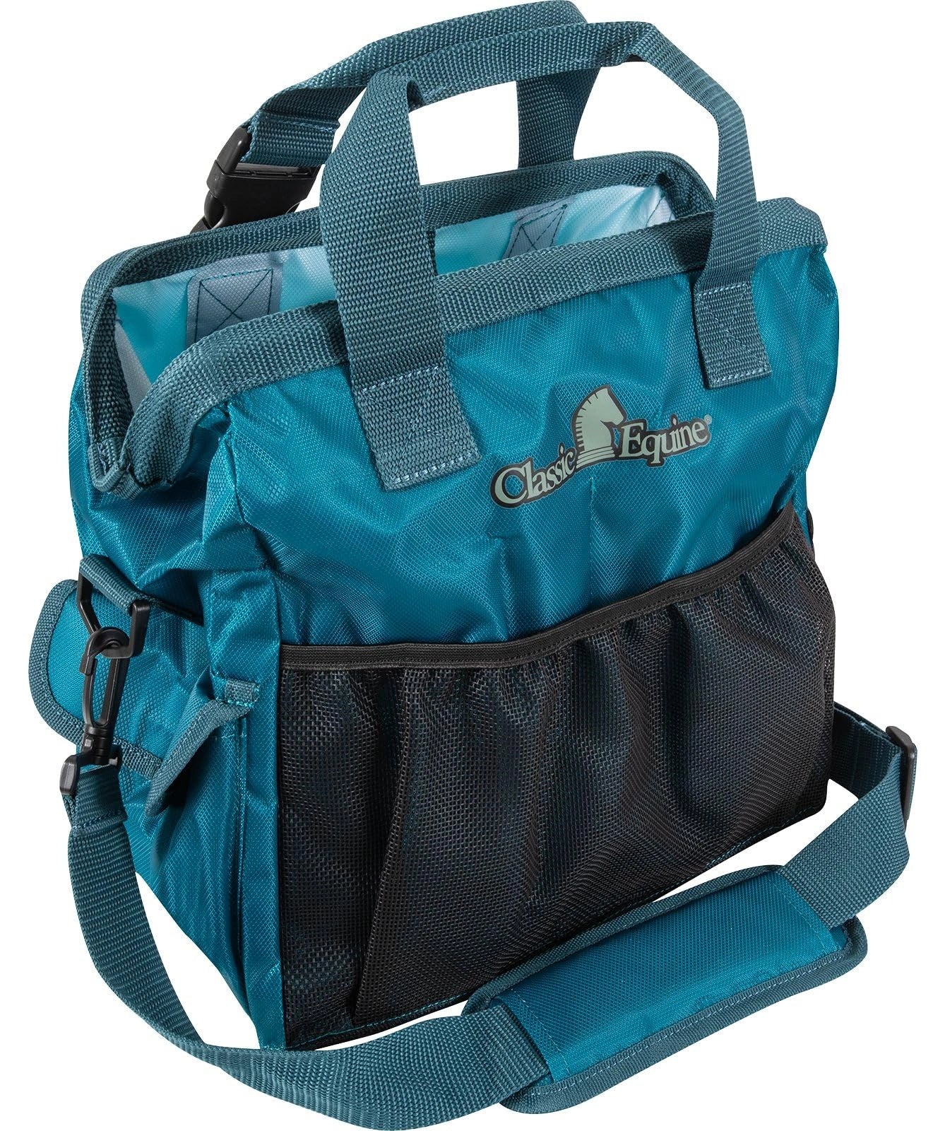 Blue backpack with black interior and visible brand logo on a white background