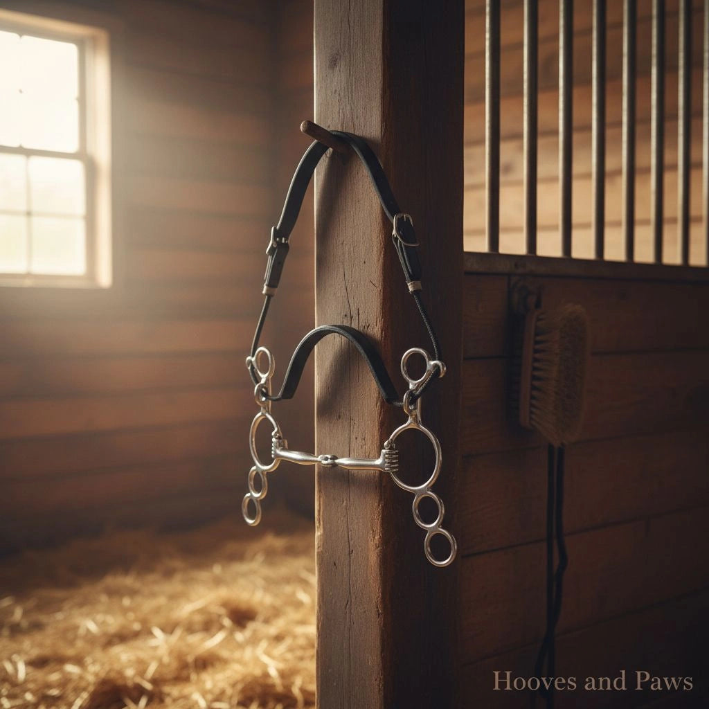 Myler MB 01 Combination horse bit with sweet iron comfort snaffle and 6-inch shanks, hanging on a wooden stable post bathed in sunlight.