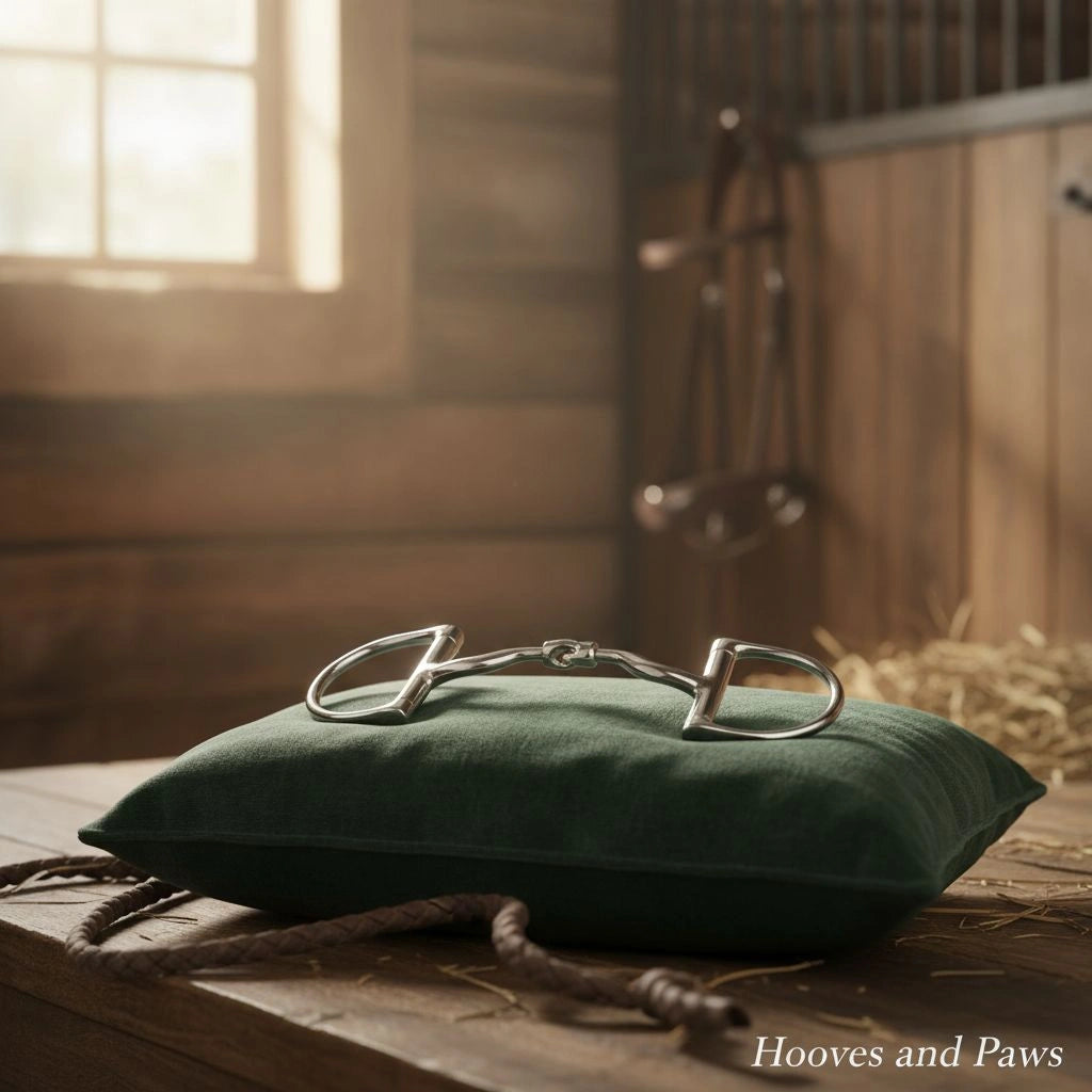 A Myler Pony Dee Snaffle horse bit rests on a dark green velvet cushion on a wooden surface in a sunlit rustic stable, with blurred equestrian tack and a window in the background.