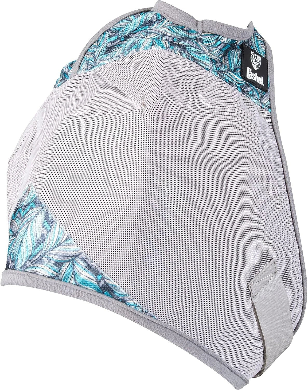 Gray protective pad with blue and green leaf pattern on a white background