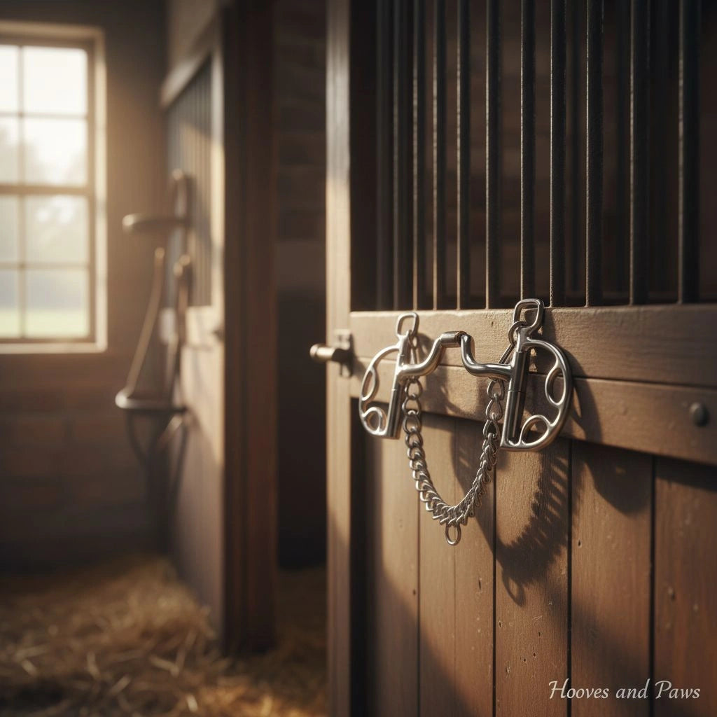 Stainless steel Myler Kimberwick Bit with a low ported barrel and copper inlay, hanging on a rustic wooden stable door in a sunlit barn.