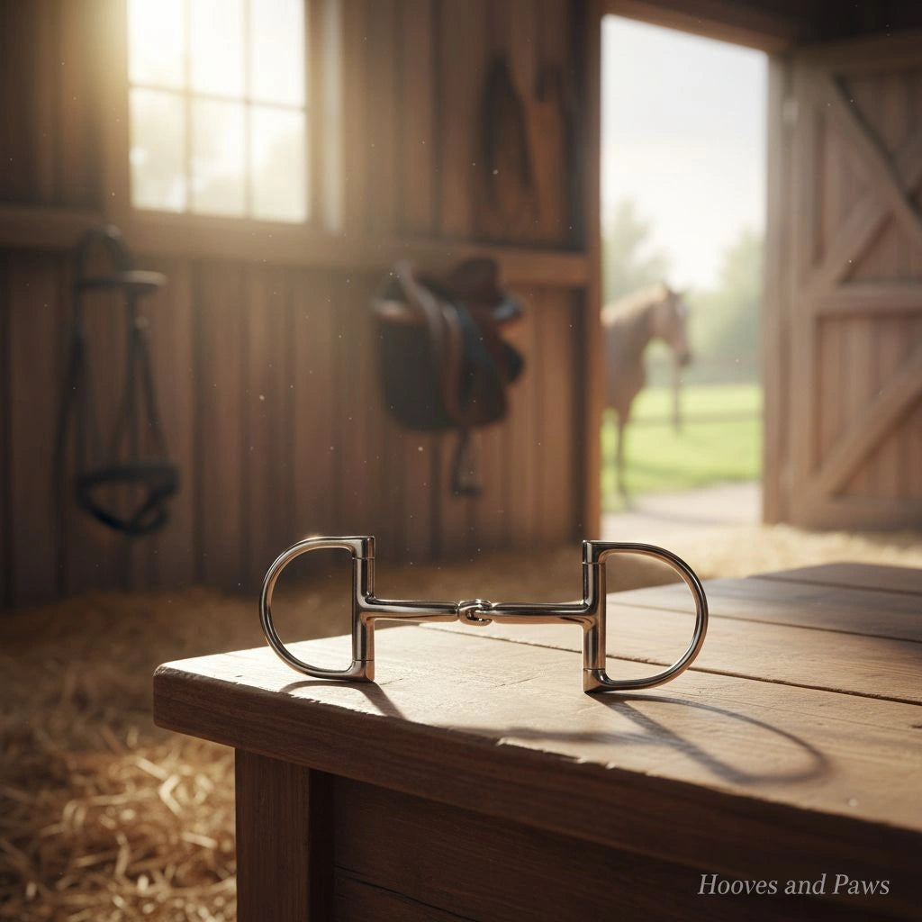 Stainless steel Myler MB 32 Dee Snaffle horse bit on a wooden table in a sunlit barn, with a blurred horse visible through an open door. Dressage legal.