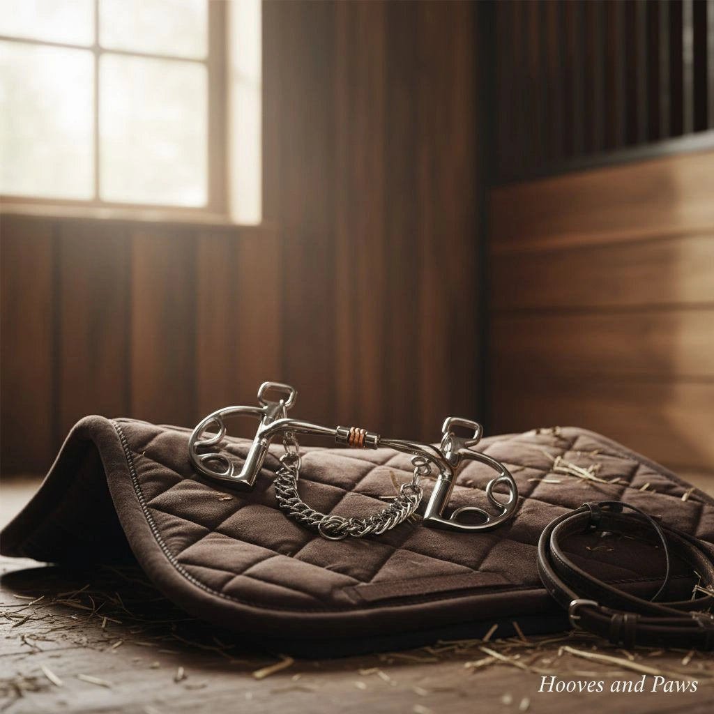 Myler Kimberwick Snaffle Bit (MB 03) made of stainless steel with a copper roller, resting on a brown quilted saddle pad in a sunlit horse stable with hay on the floor and a brown leather strap nearby.