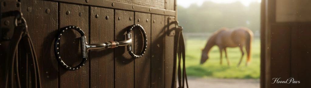 Myler 03 Black Dee Bit, a 5-inch sweet iron comfort snaffle, hangs on a dark wooden stable door with a blurred horse grazing in a sunlit green pasture in the background.