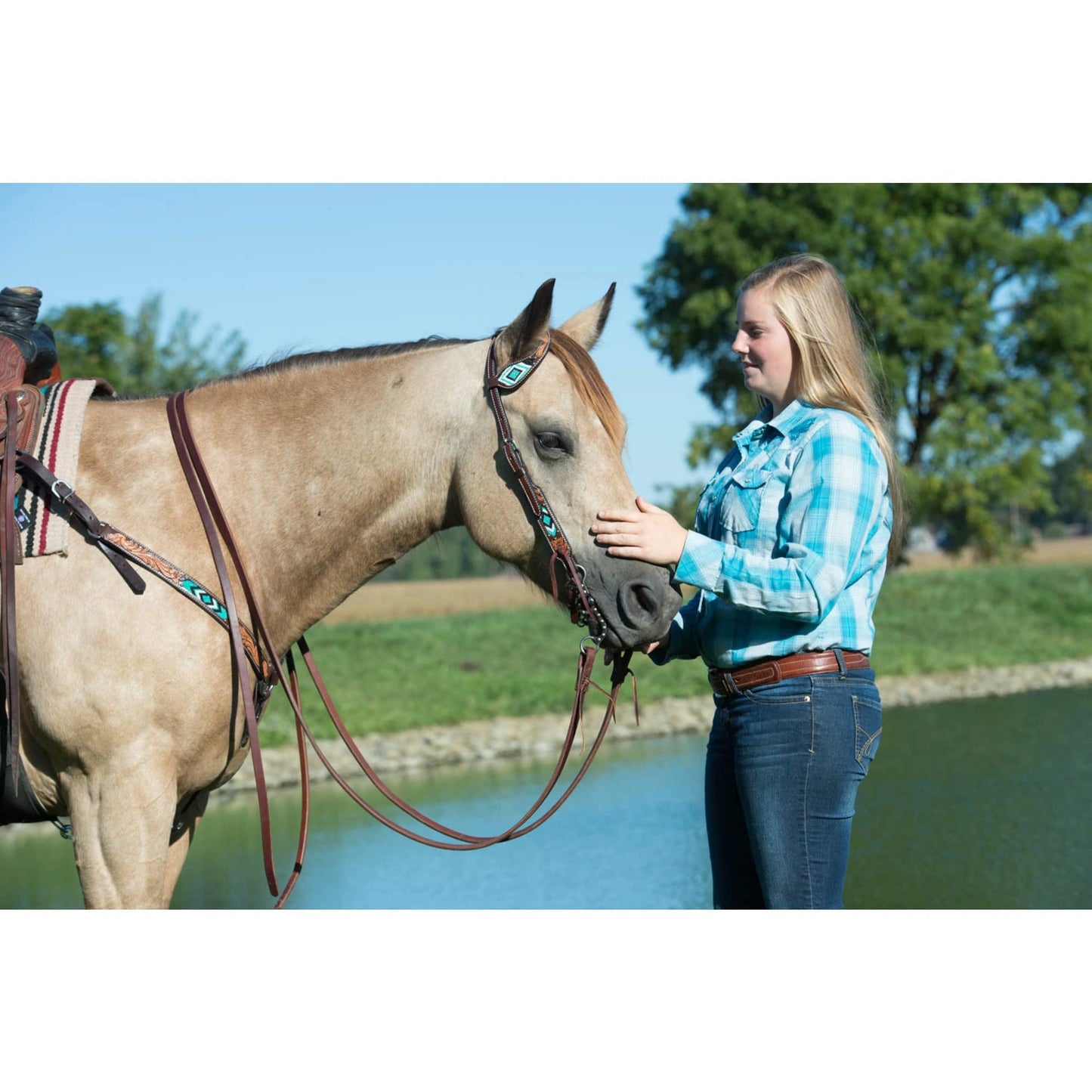 Weaver Leather Turquoise Diamond Beaded Headstall - Dark Oil