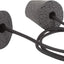 Two gray foam rollers on a black rope against a white background