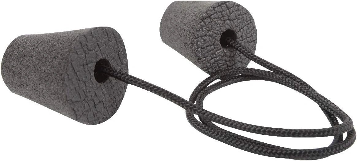 Two gray foam rollers on a black rope against a white background
