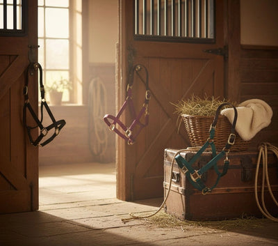 Three ARMA Shires nylon horse halters with breakaway leather straps, in black, purple, and teal with gold hardware, are displayed in a rustic stable. Two halters hang from open wooden doors, while the third rests on a trunk with hay, promoting ultimate horse safety.