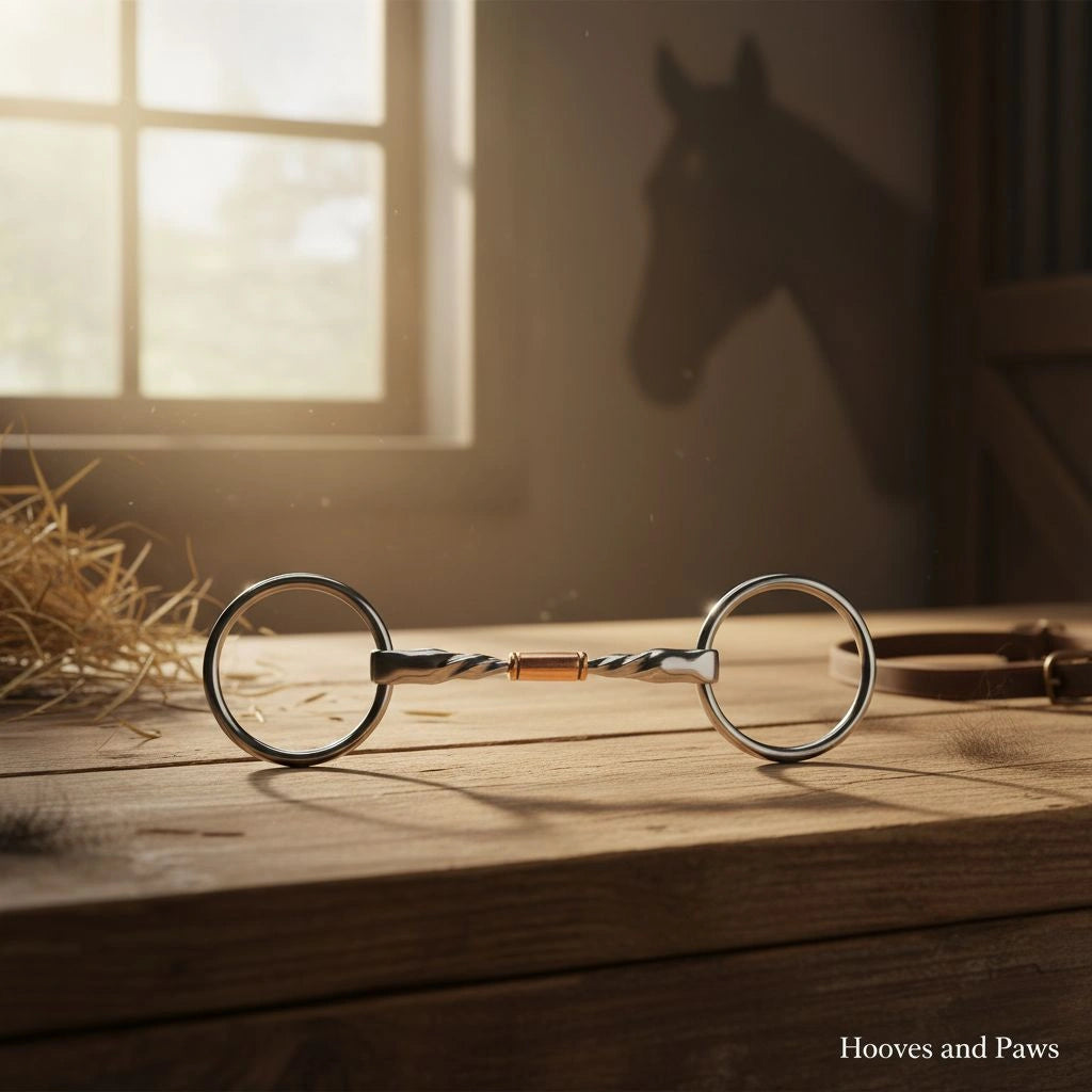 Myler MB 02 Loose Ring Snaffle Bit, 5 inch, with a twisted silver mouthpiece and copper inlay, resting on a rustic wooden table in a sunlit barn with a horse shadow.