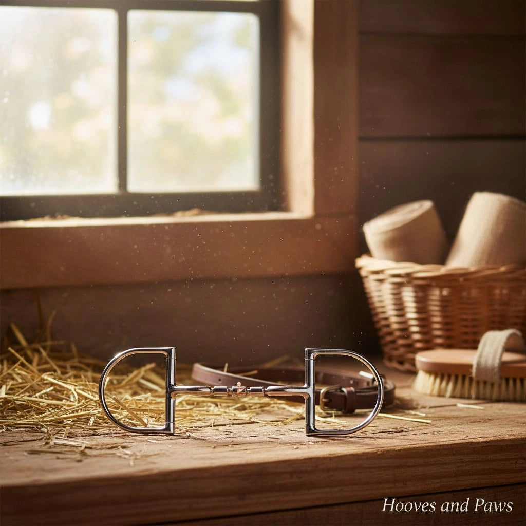Myler MB 32-3 Snaffle Bit in stainless steel with copper inlay on a rustic wooden barn shelf, alongside hay, a leather bridle, and a horse grooming brush, bathed in natural light.