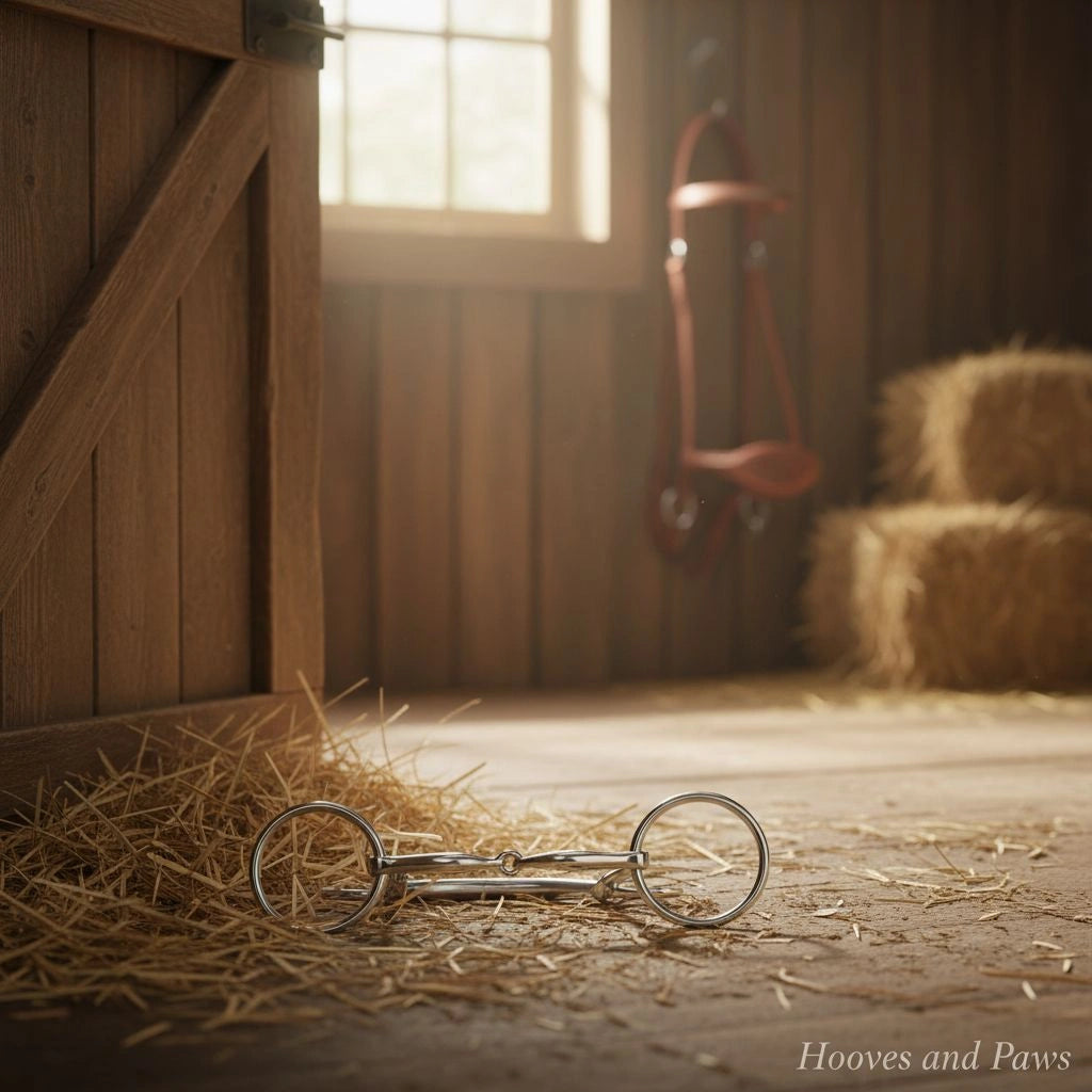 Myler MB 09 Loose Ring Snaffle Bit in stainless steel and copper, lying on a straw-covered barn floor. A red leather bridle hangs on the wall, and hay bales are visible in the sunny background.