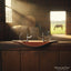 Shiny Myler 33WL Dressage Snaffle horse bit with a wide ported mouthpiece resting on a brown leather pad on a wooden stable door. Sunlight illuminates dust motes in the barn, with a blurred horse grazing in a sunny green field visible through the open doorway.