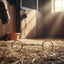 Stainless steel Myler MB 02 Comfort Snaffle horse bit with copper inlay on straw in a sunlit stable, horse and bucket blurred in background.