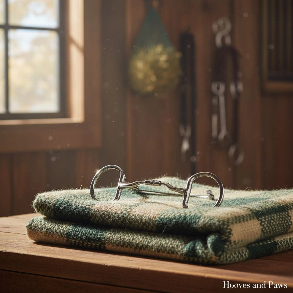 Myler MB 04 Eggbutt Snaffle bit for dressage on a green and cream checkered blanket, in a sunlit wooden stable.