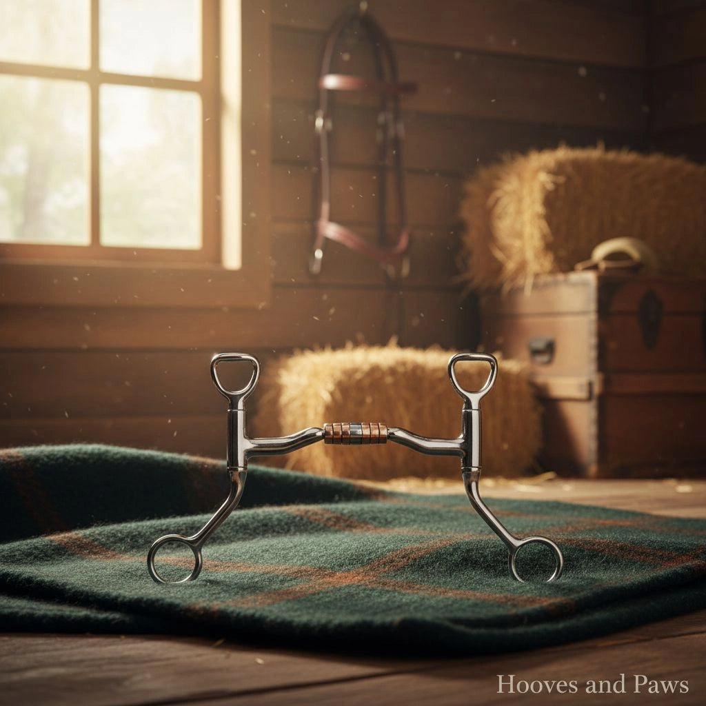 Myler HBT Ported Barrel Snaffle horse bit, shiny silver with copper inlay barrel, on a green blanket in a rustic barn with sunlit hay bales and a bridle.