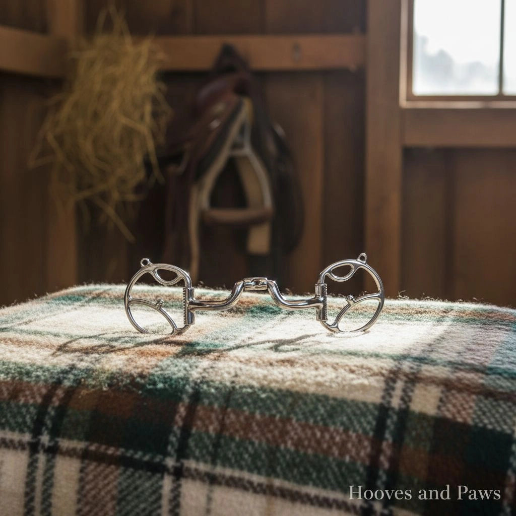 Shiny 5-inch Myler Western Dee Snaffle Bit with a sweet iron low port mouthpiece and Dee-rings, resting on a plaid blanket in a rustic barn.