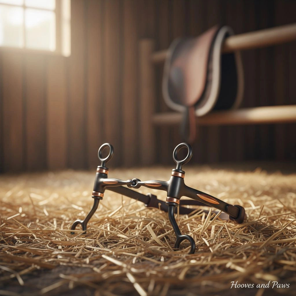 Myler MB 02 Snaffle Bit with sweet iron and copper inlays, lying on golden hay in a sunlit barn with a blurred saddle in the background.