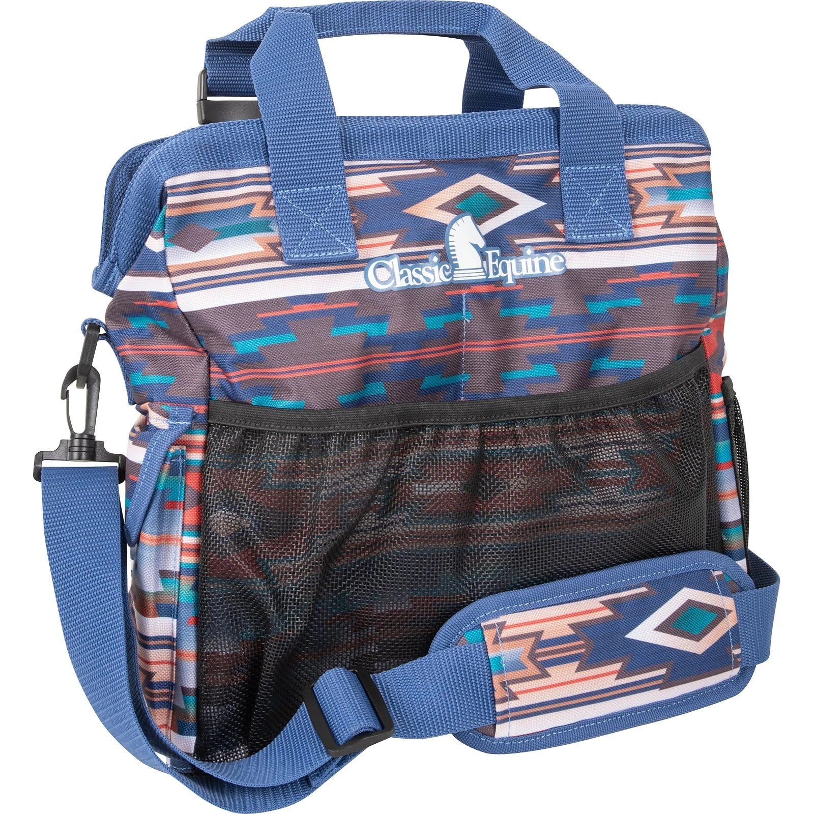 Backpack with tribal pattern and blue straps on a white background