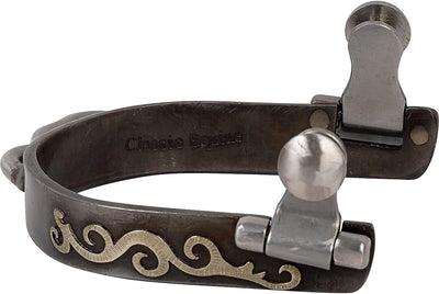 Classic Equine Engraved Scroll Bumper Spurs - 1/2" Band, Antique Finish with Silver and Copper Scroll Detail