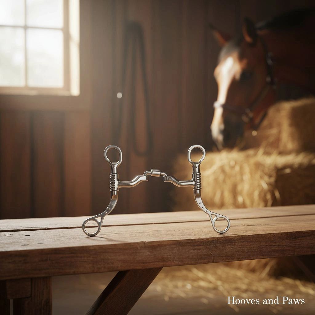 Silver Myler MBT Shank horse bit with correctional wide port mouthpiece on a rustic wooden table in a barn, with a horse and hay in the soft-focus background.