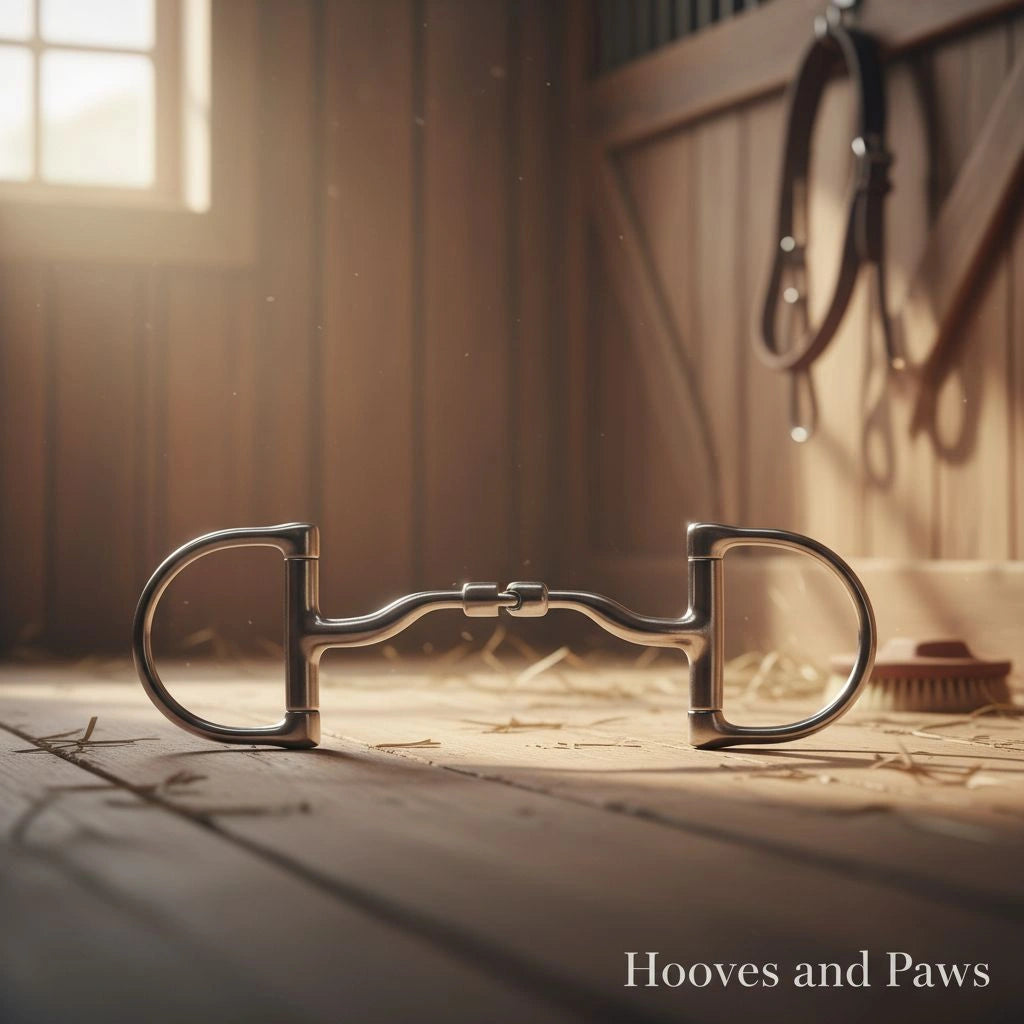 Myler Pony Dee Snaffle Bit on a wooden stable floor with straw, bathed in sunlight. Barn interior with tack in background.