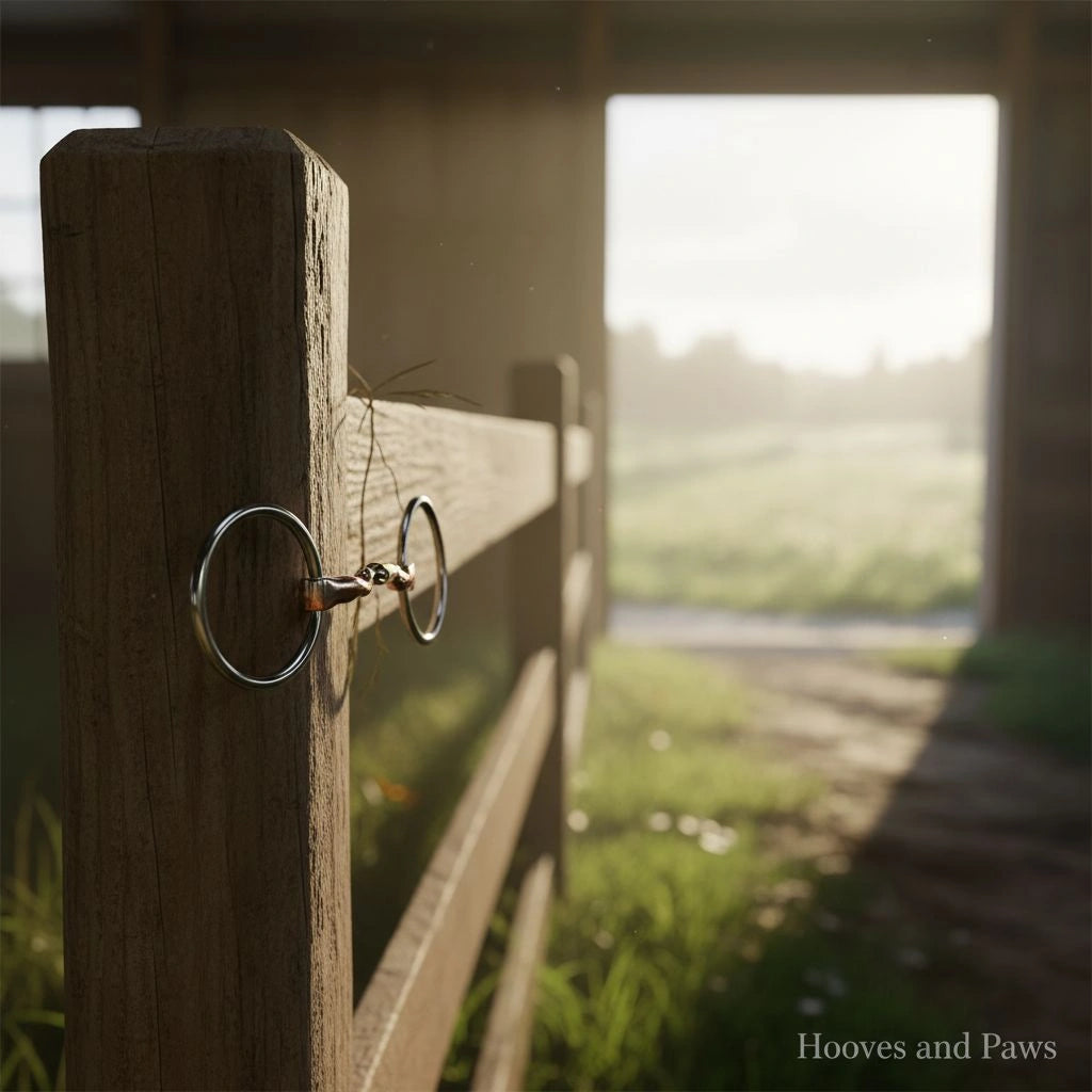 Myler MB 04 Loose Ring Snaffle Bit, 5 inch with copper inlay, hanging on a rustic wooden fence post with a sunlit green pasture in the blurred background.