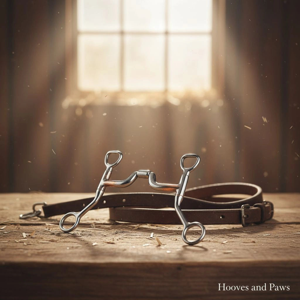Myler HBT Shank Snaffle Bit with sweet iron, low port mouthpiece and copper inlay, resting on a rustic wooden table with a brown leather strap.