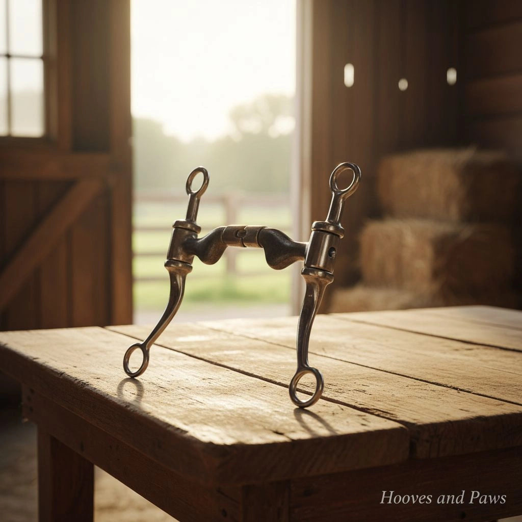 A Myler MB 36 Sweet Iron Forward Tilt Ported Barrel Curb Bit stands upright on a rustic wooden table inside a sunlit barn, with an open door revealing a green field and hay bales in the background.