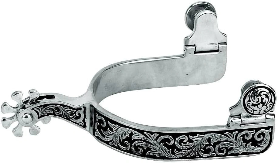 Weaver Leather Men's Engraved Stainless Steel Spurs - German Silver Trim, 1" Band, 2" Shank, 8-Point Rowel