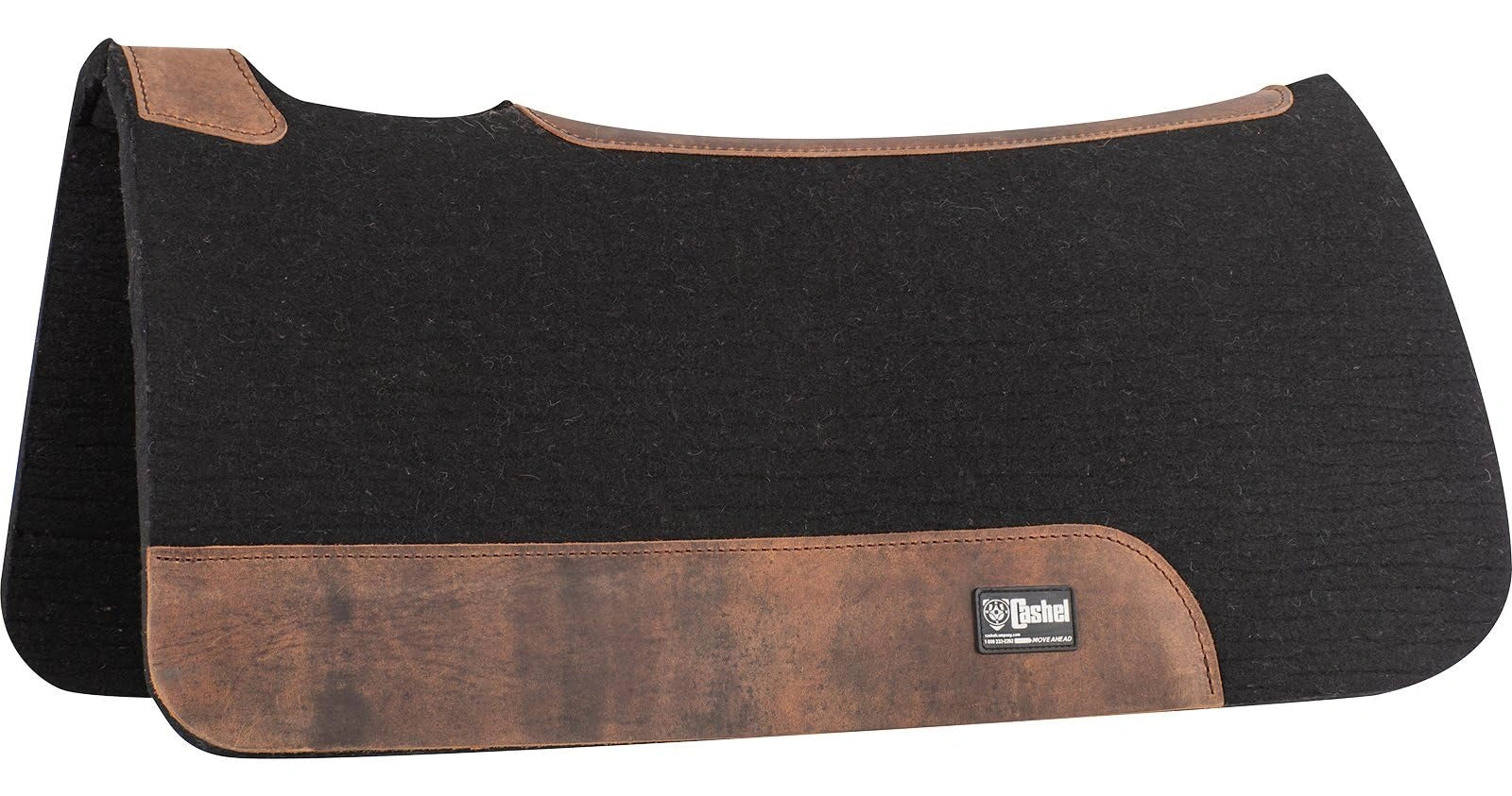 Black and brown saddle pad with a visible brand logo on a white background