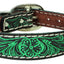 Weaver Leather Carved Flower Dog Collar - Dark Oiled Leather with Turquoise Accents and White Stitching