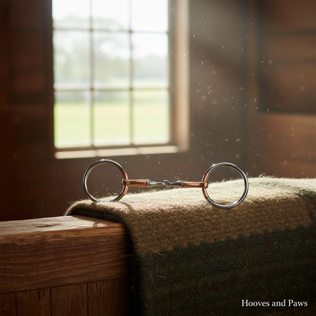 Myler MB 10 French Link Snaffle bit, stainless steel with copper inlay, rests on a green wool blanket in a sunlit stable with a window view. Hooves and Paws watermark.