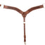 Brown leather girth strap with decorative stitching on a white background