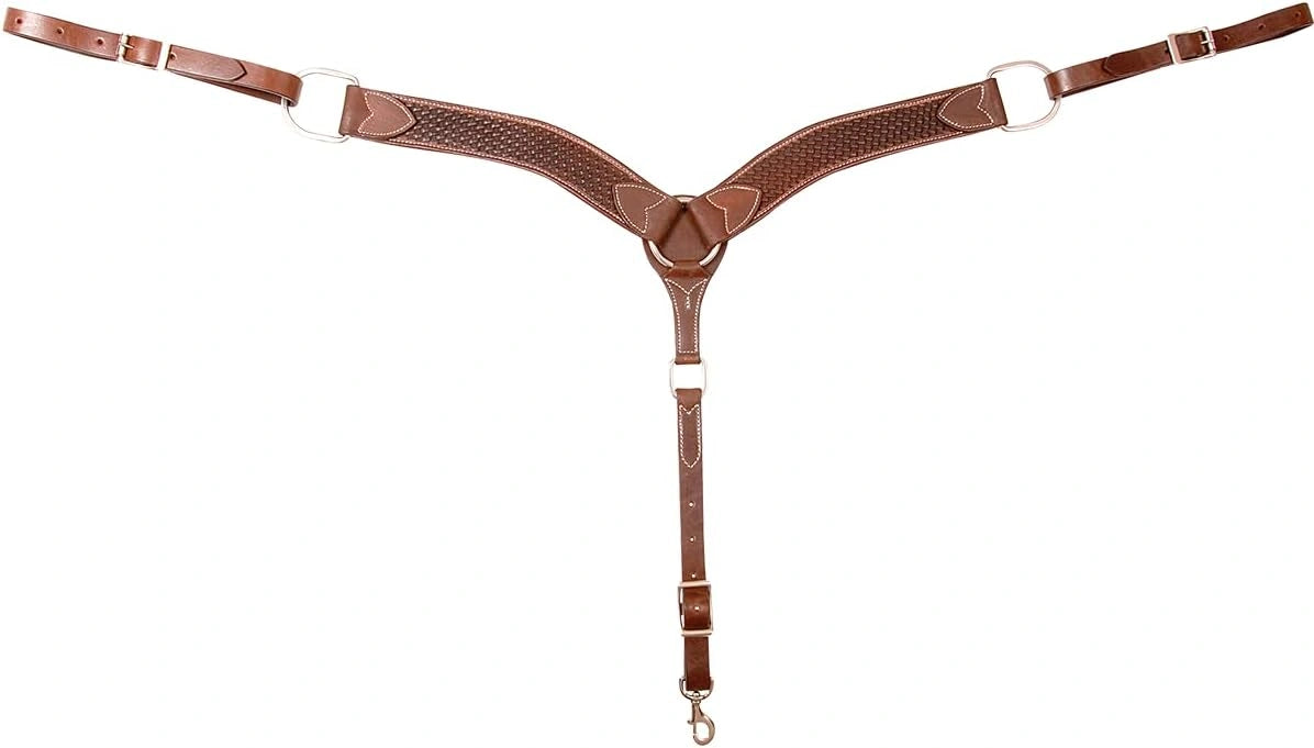Brown leather girth strap with decorative stitching on a white background