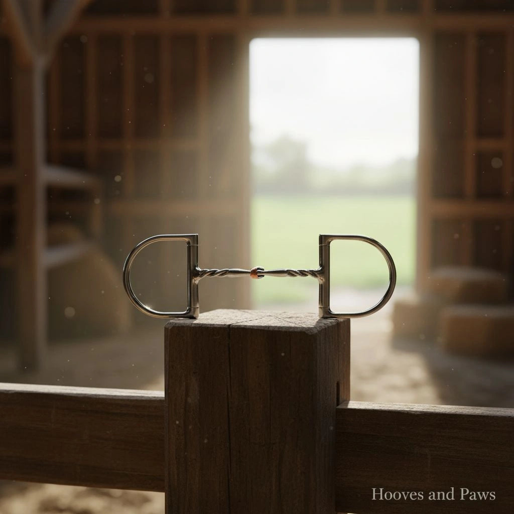 Myler MB 01T Comfort Snaffle D-ring horse bit, stainless steel with twisted mouth and copper inlay, resting on a wooden barn fence post with sunlit open stable door and green field in background.