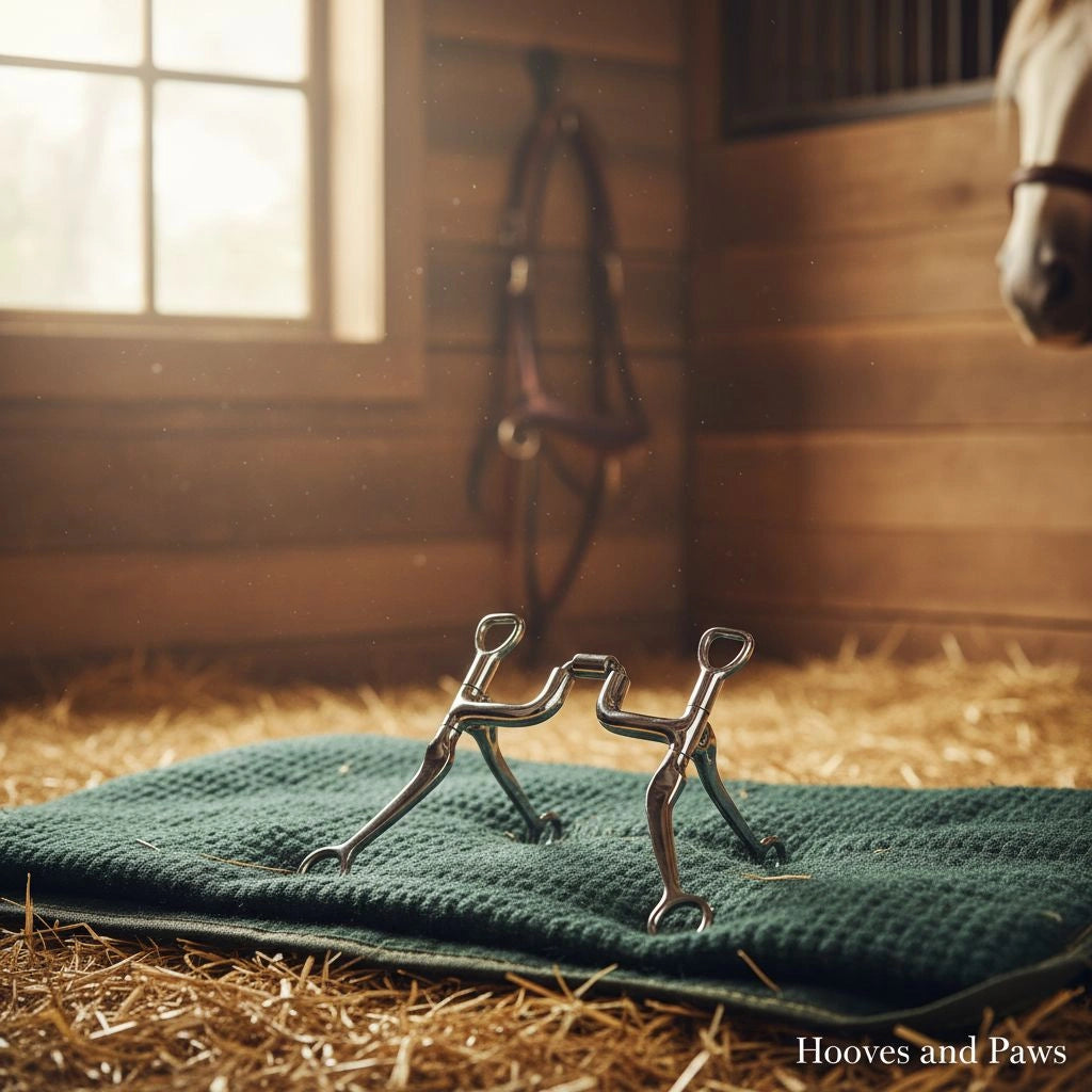 Myler MB 47PB Sweet Iron Correctional Ported Barrel horse bit on a green towel in a sunlit stable with a horse in the background.