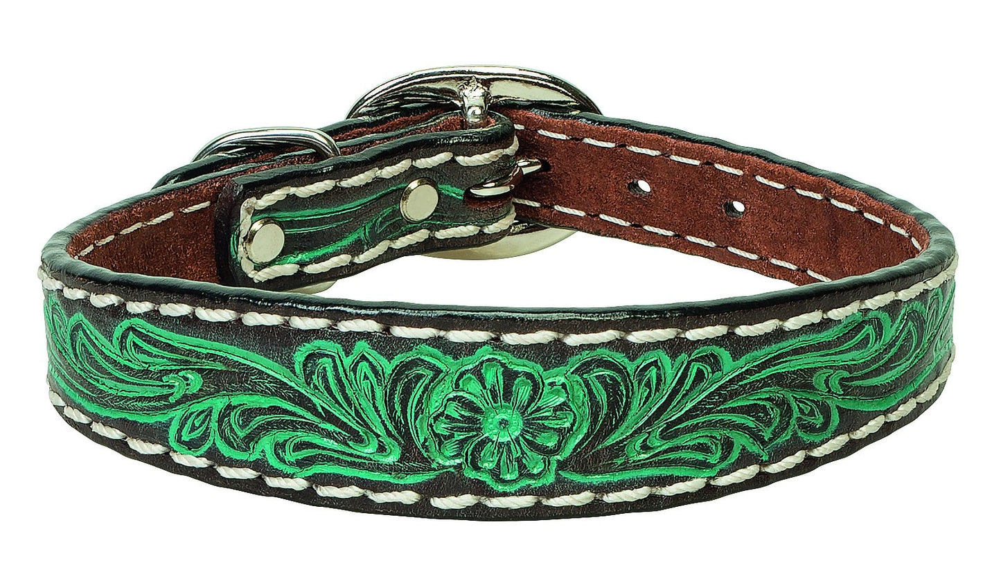 Weaver Leather Carved Flower Dog Collar - Dark Oiled Leather with Turquoise Accents and White Stitching