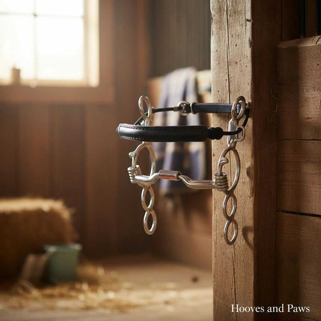 Myler MB 04 Combination Bit with sweet iron comfort snaffle and copper inlay, featuring a black leather padded noseband, hanging on a rustic wooden barn post.