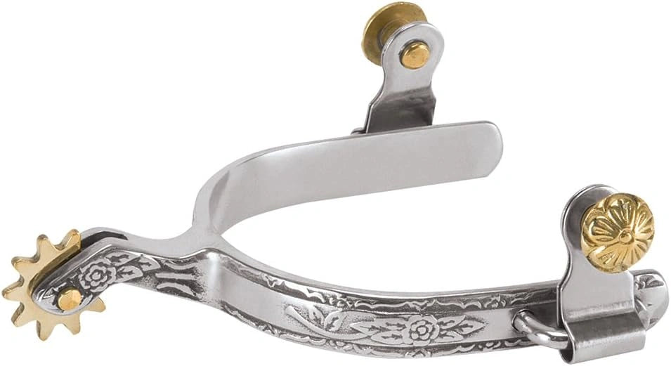 Weaver Leather Women's Roping Spurs - Stainless Steel, 1-1/4" Shank, 1/2" Engraved Band, 10-Point Rowel - Ladies' Size