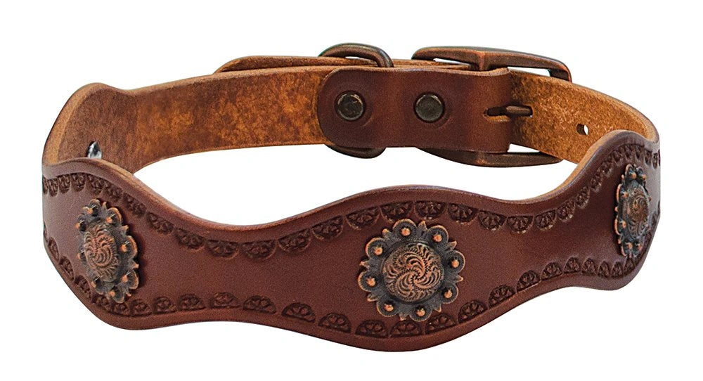 Weaver Leather Sundance Dog Collar - Brown Skirting Leather with Antique Copper Berry Conchos - Multiple Sizes