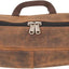 Brown leather case with a zipper and visible brand logo on a white background
