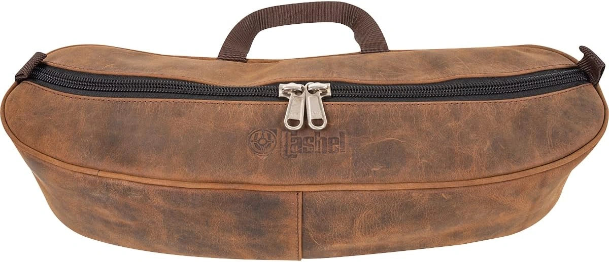 Brown leather case with a zipper and visible brand logo on a white background