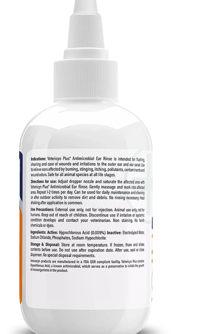 Vetericyn Plus Ear Rinse - Soothes Cleans Ears for All Animals, displayed with professional product photography