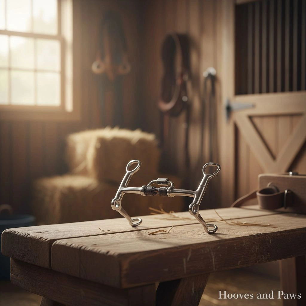 Myler MB 27PB Sweet Iron Correctional Bit on a rustic wooden table in a sunlit barn, with hay bales and horse tack in the background, highlighting horse comfort.