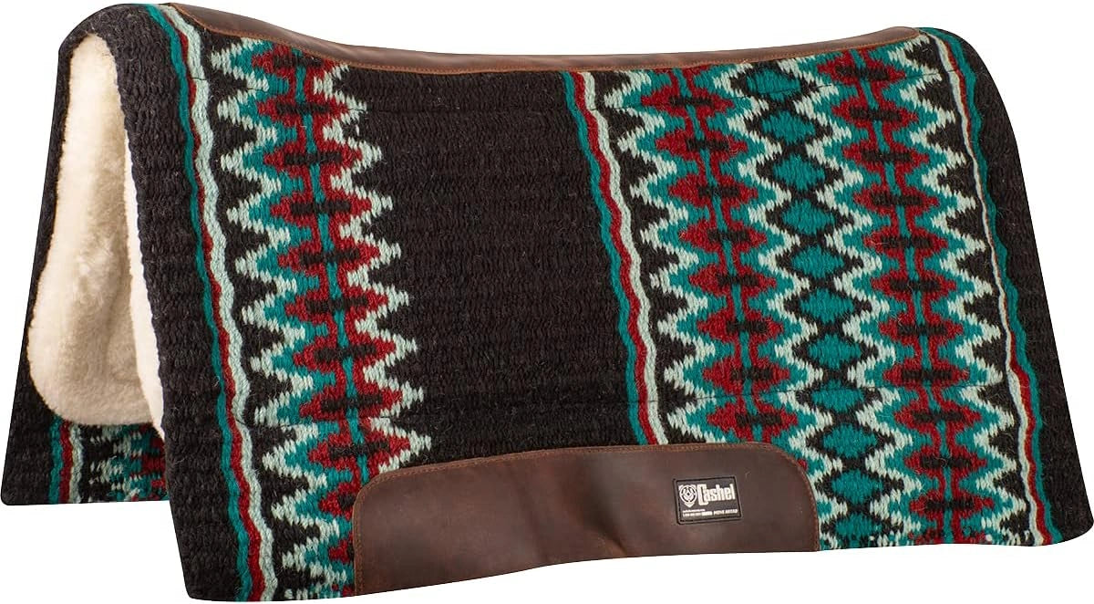 Saddle pad with geometric pattern and brown border on a white background