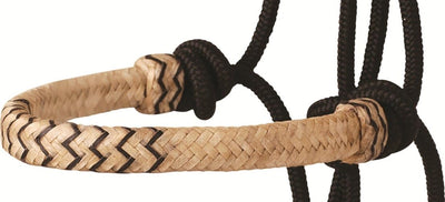 Beige and black braided leather bracelet on a white background