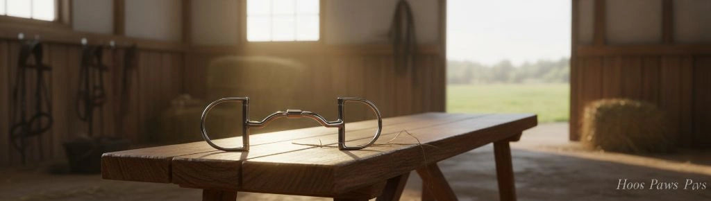 Bucas Myler Wide Low Ported Dee MB33WL Pony Bit for gentle tongue relief, on a wooden bench in a sunlit stable with a green field outside.