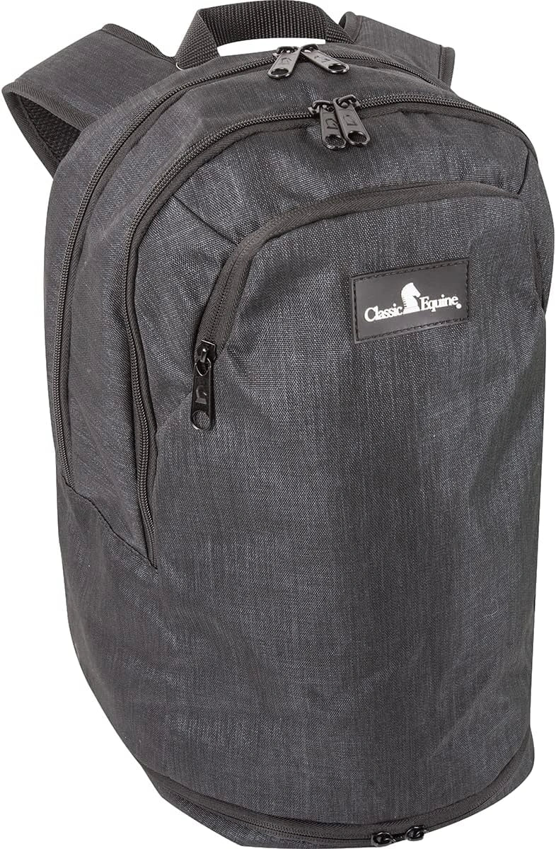 Gray backpack with a visible brand logo on a white background