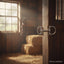 Myler English Dee Snaffle Bit, Cyprium Twisted 5" (MB 09T), with D-rings and a twisted mouthpiece, hanging on a wooden barn post. Sunlight streams through a window, highlighting hay bales and a bridle in the rustic barn.
