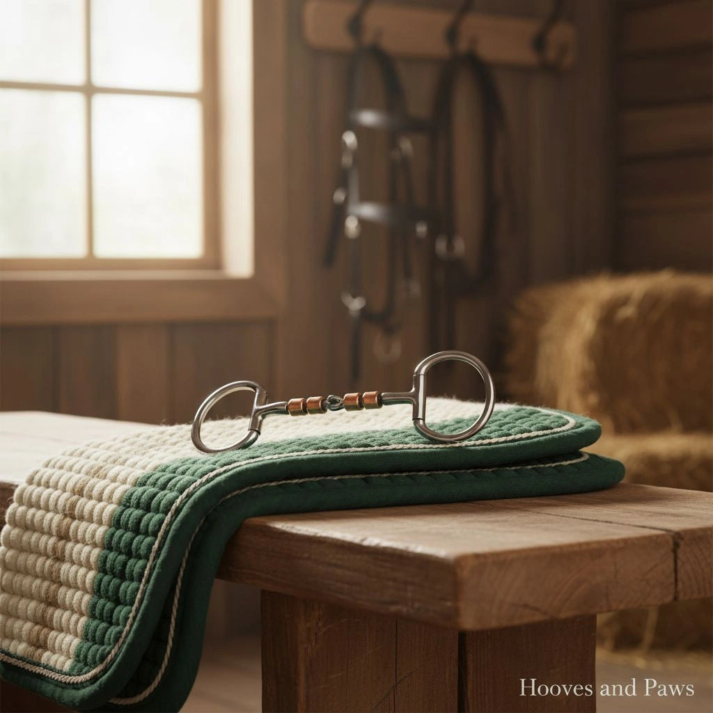 Myler MB 32-3 Eggbutt Snaffle bit, stainless steel with copper inlay rollers, on a green and cream quilted saddle pad on a rustic wooden bench in a sunlit stable.